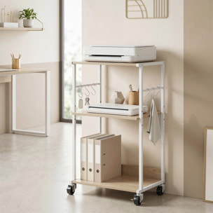 Soporte para Impresora de 3 Niveles con Ruedas, Mueble para Impresora con Ganchos y Marco Metálico, Estantería Multiusos para Oficina, Casa, Escuela, Madera Natural