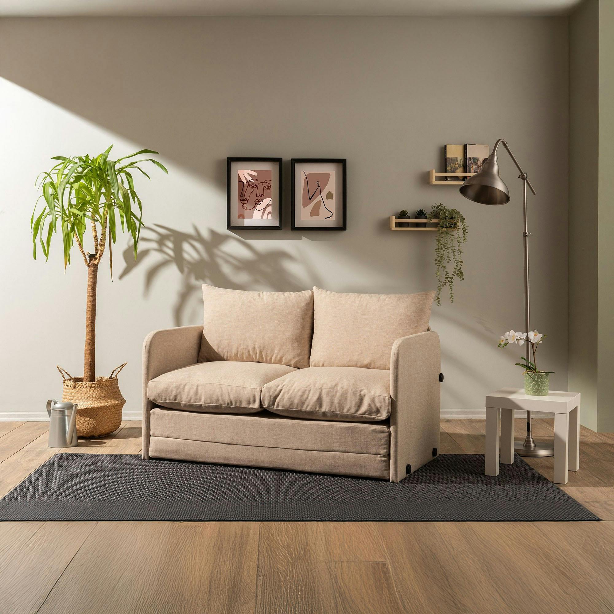 Canapé-lit d'appoint beige 2 personnes, tissu lin ORURO