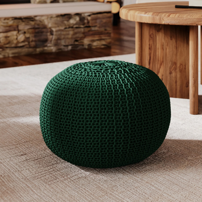 Pouf tricot rond en coton vert sapin D40 cm - Elisa