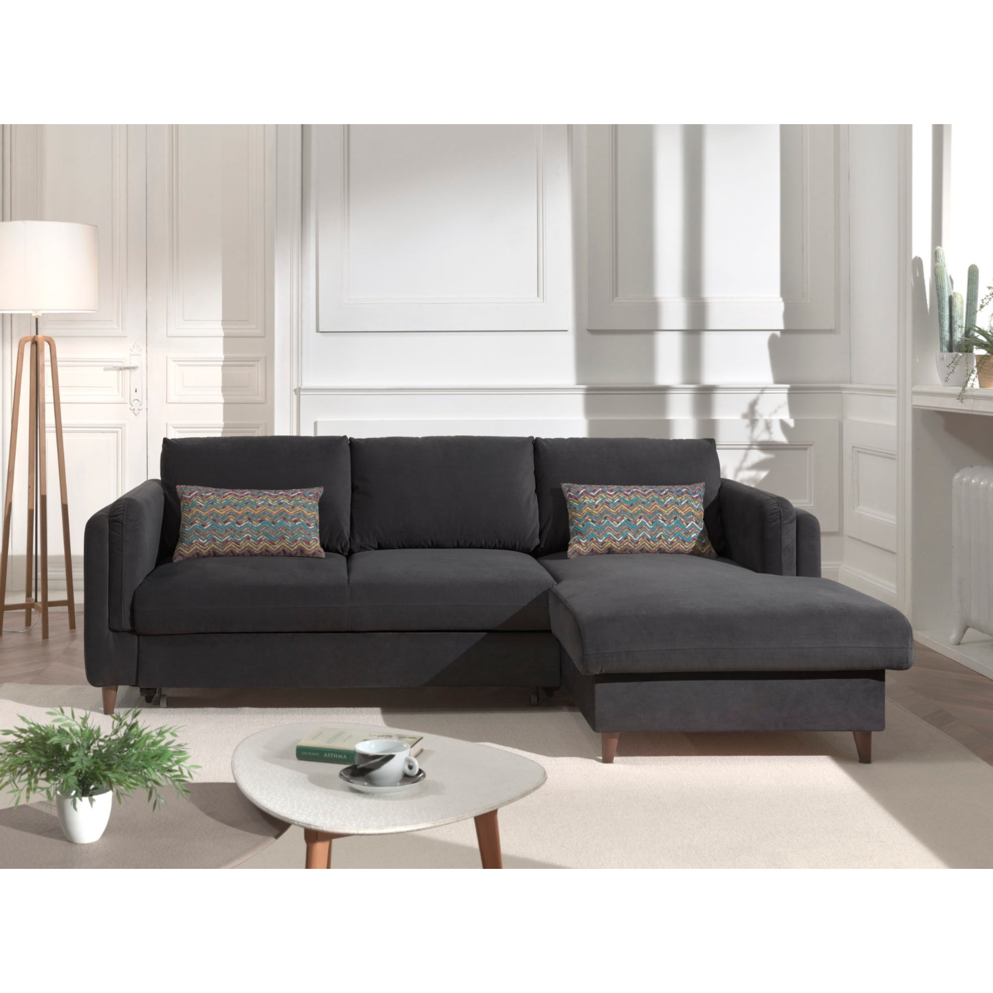 Brooke - canapé d'angle droit - convertible avec coffre - 4 places - en velours - Gris foncé