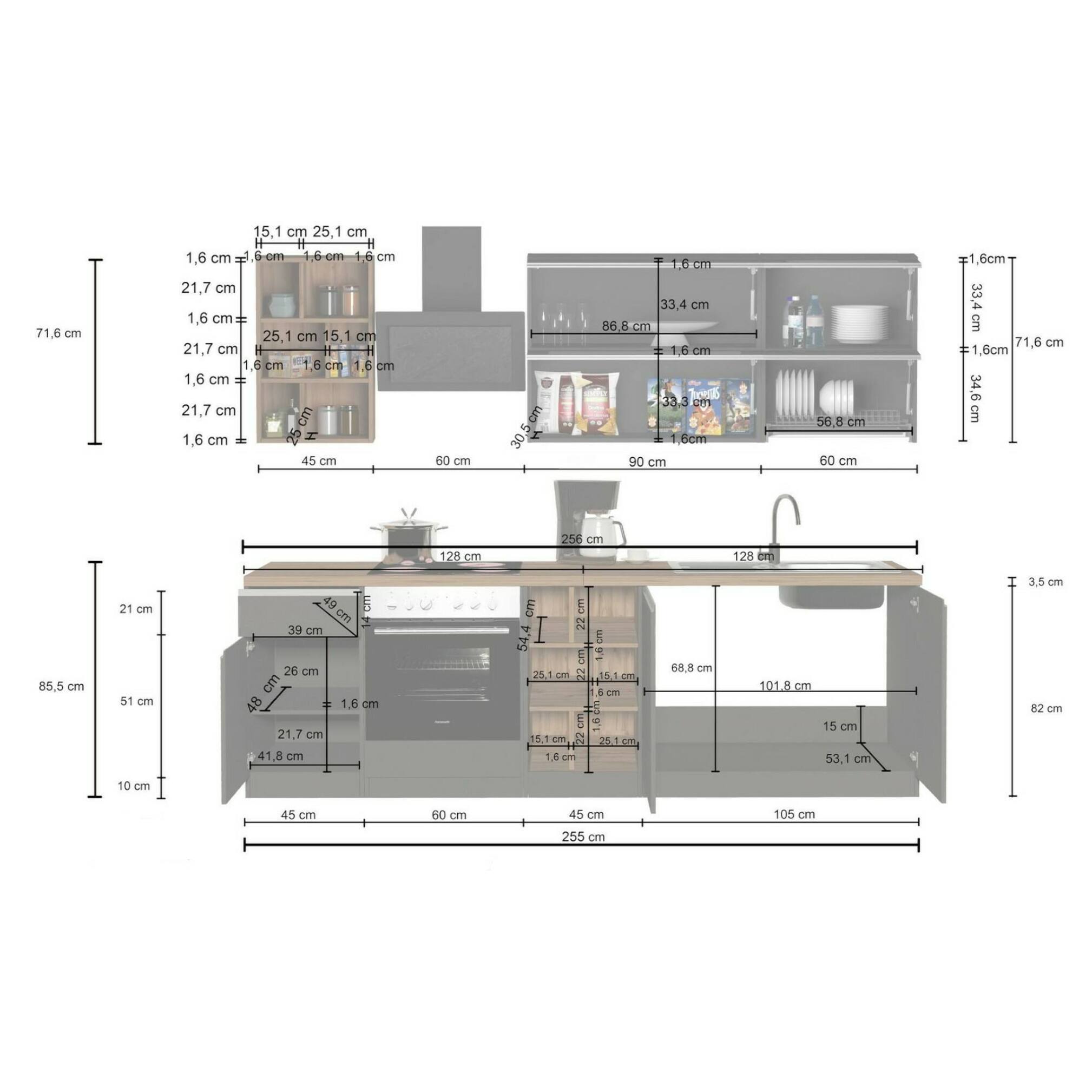 Cucina completa Dcastill, Cucina pratica e salvaspazio, Parete da cucina con 5 ante e 1 cassetto, 100% Made in Italy, 255x60h85 cm, Antracite e Ardesia