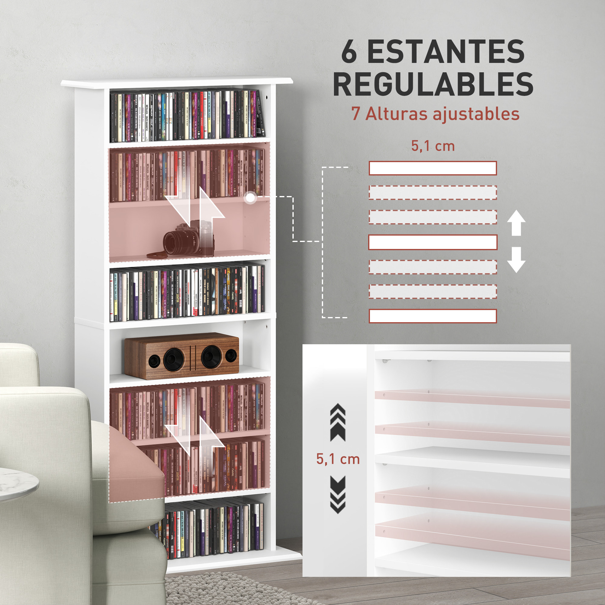 Estantería para CDs y DVDs Soportes para CD Estrechos con 8 Compartimentos Estantes Ajustables para Salón Oficina 58x24x126,3 cm Blanco