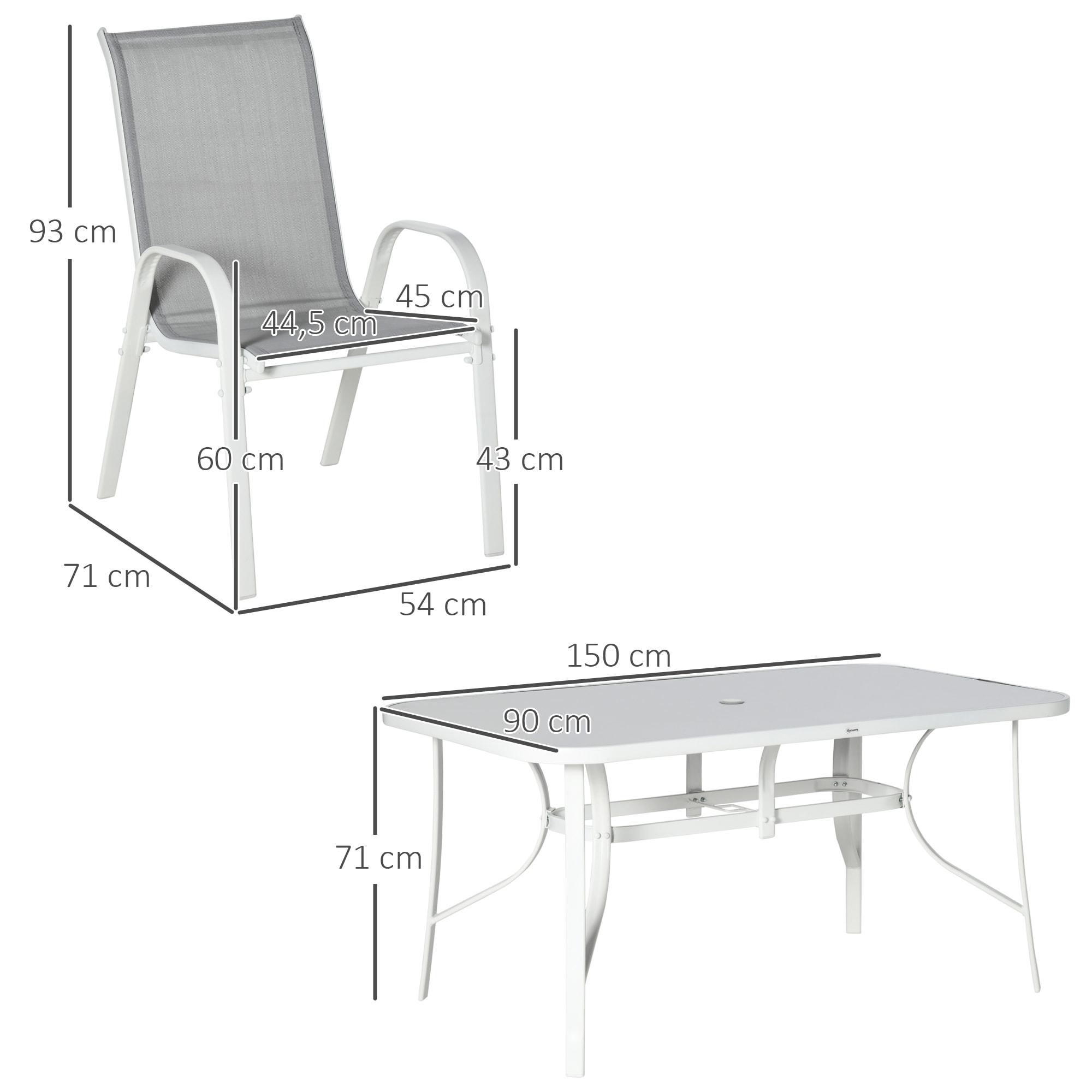 Conjunto de Muebles de Jardín de 7 Piezas Juego de Mesa y 6 Sillas para Terraza con Orificio para Sombrilla y Encimera de Cristal para Terraza Patio Gris