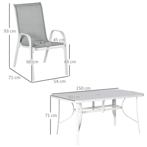 Conjunto de Muebles de Jardín de 7 Piezas Juego de Mesa y 6 Sillas para Terraza con Orificio para Sombrilla y Encimera de Cristal para Terraza Patio Gris