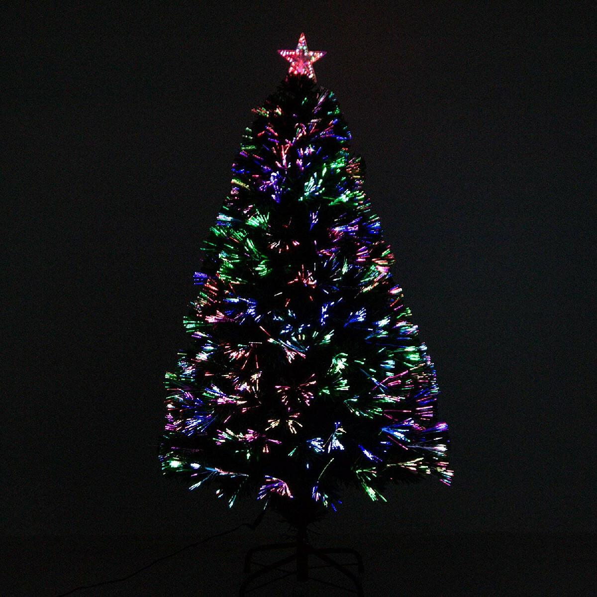 Sapin de Noël artificiel lumineux fibre optique LED multicolore + support pied Ø 60 x 120H cm 130 branches étoile sommet brillante vert