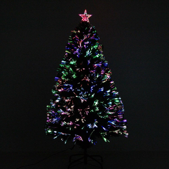 Sapin de Noël artificiel lumineux fibre optique LED multicolore + support pied Ø 60 x 120H cm 130 branches étoile sommet brillante vert