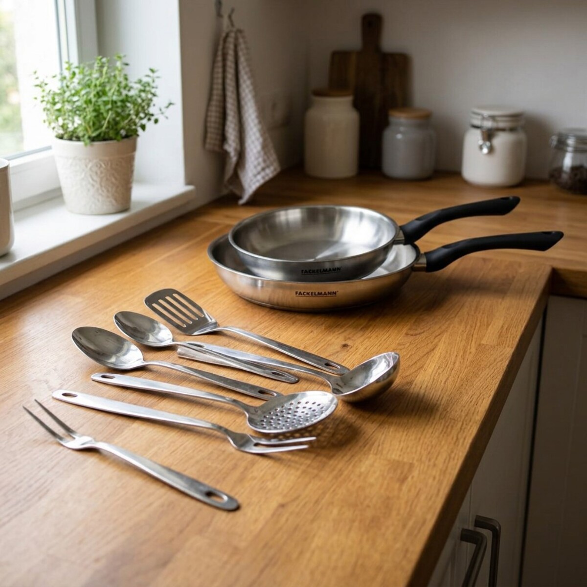 Set 2 poêles en inox et 6 ustensiles inox Fackelmann Geneva