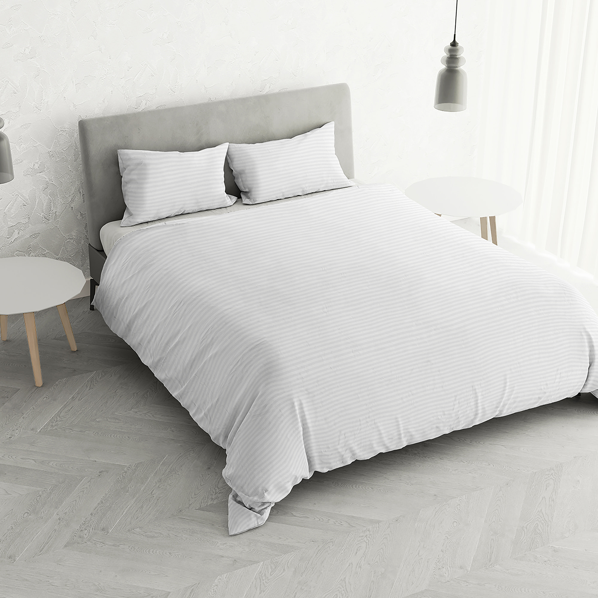 PARURE COPRIPIUMINO SATIN STRIPES, 100% Raso di Poliestere, Made in Italy, No Stiro - BIANCO