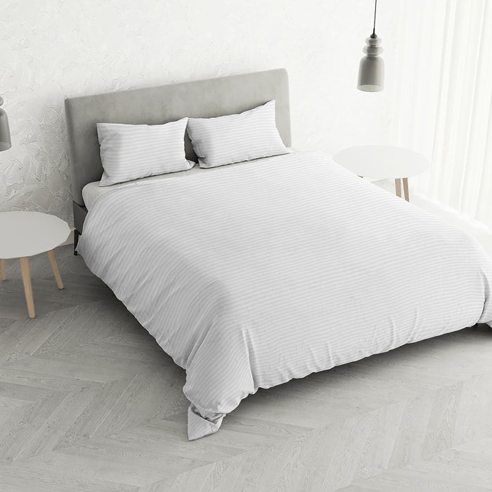 PARURE COPRIPIUMINO SATIN STRIPES, 100% Raso di Poliestere, Made in Italy, No Stiro - BIANCO