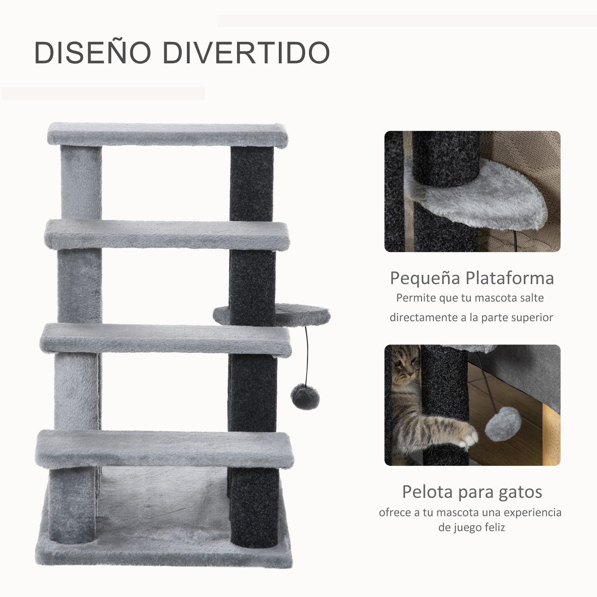 Escaleras para Gatos de 4 Escalones Escaleras para Mascotas Árbol Rascador para Gatos Pequeño con Poste Rascador Bola Colgante 60x40x64 cm Gris