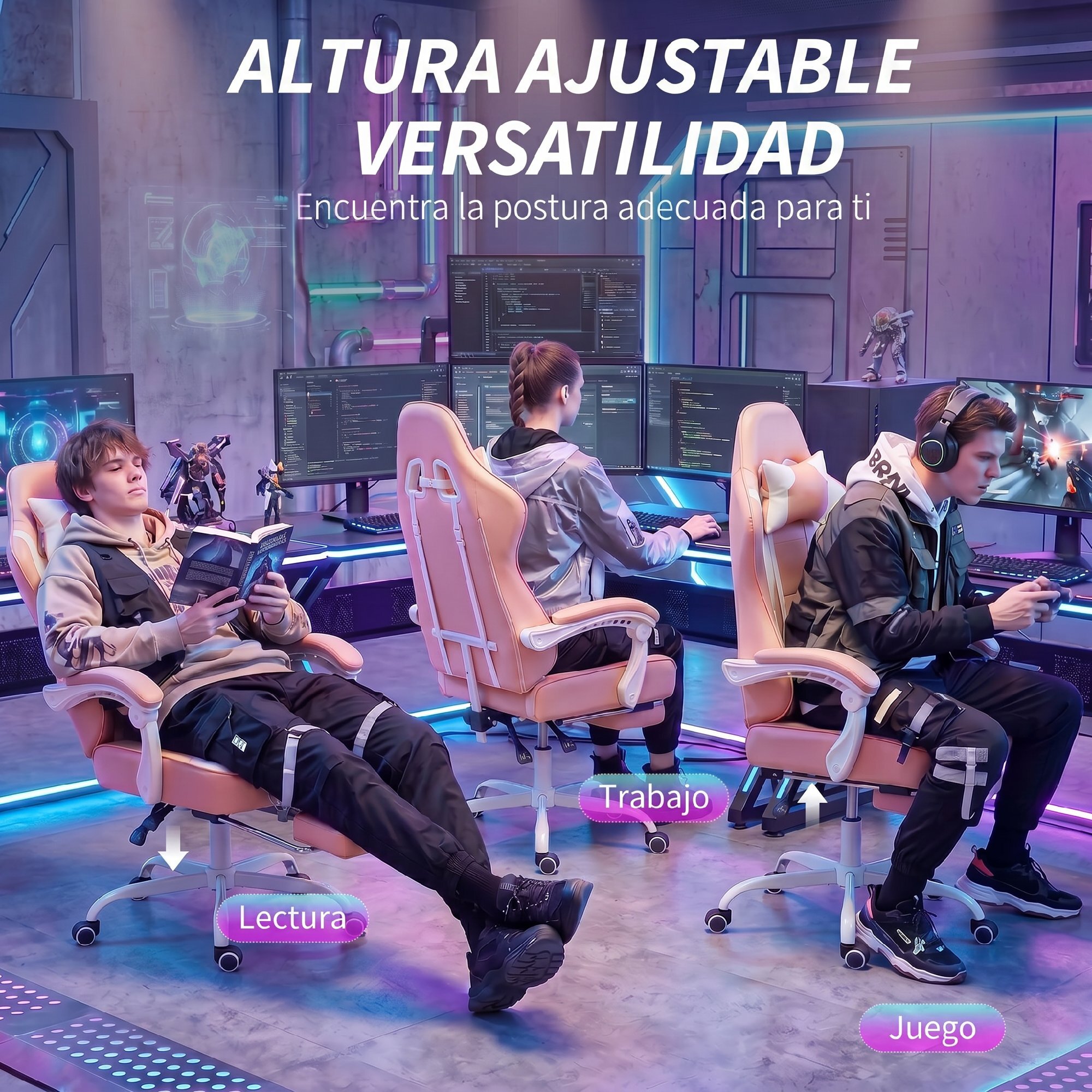 Silla Gaming Ergonómica, Silla Gamer con Lumbar Masaje Vibración, Reclinable 155°, Altura Ajustable, Reposacabezas y Reposapiés Retráctil, para Oficina, Estudio, Rosa