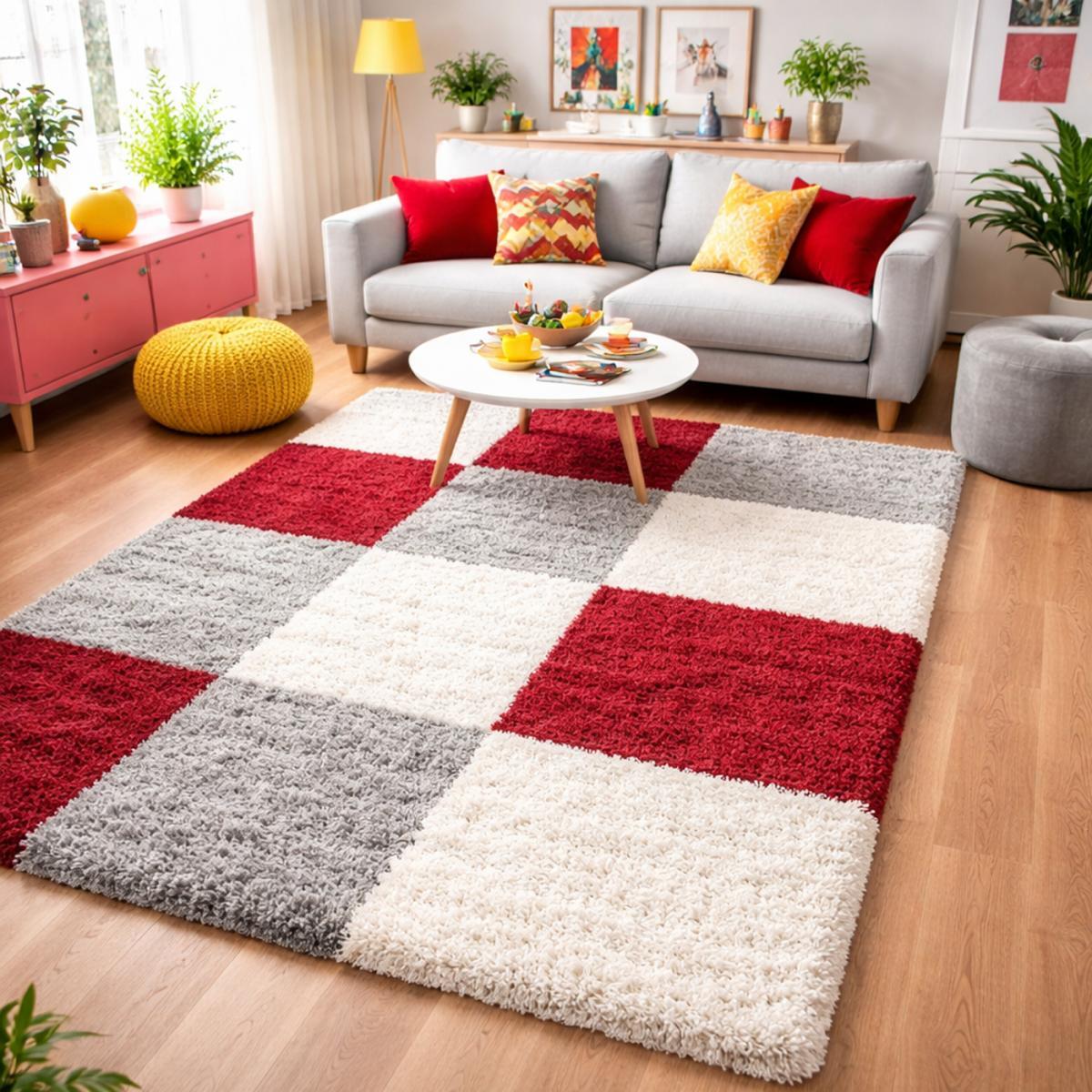 Tapis poils longs shaggy tissé motif damier JOJU