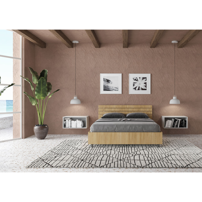 Cama doble con almacenaje 140x200 con cabecera recta de listones roble natural Ankel