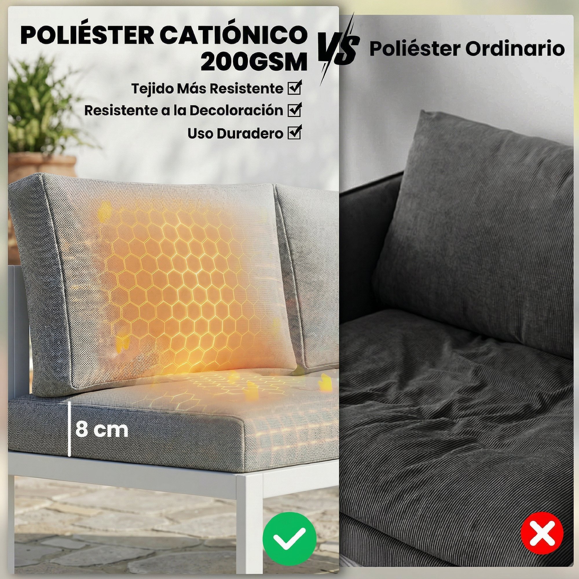 Conjunto de Muebles Jardín Exterior de 4 Piezas Sofá Exterior Seccional Forma de L con 3 Sofás de 2 Plazas Asiento de Textilene Mesa con Tablero Efecto Madera WPC Cojines Gris Claro y Blanco