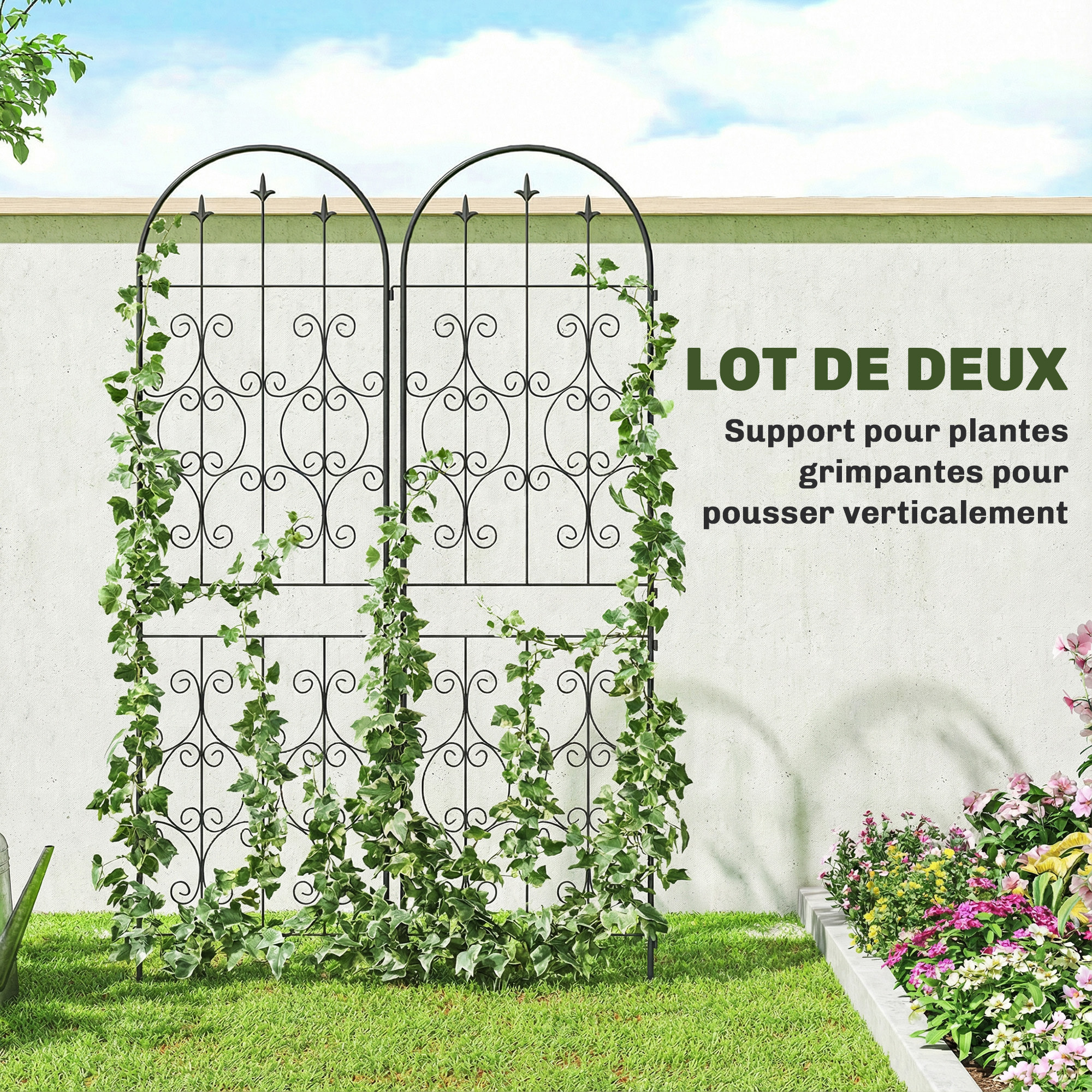 Treillis de jardin effet fer forgé pointe de fleur de lys  - 2 supports plantes grimpantes - 50 x 180 cm - métal époxy noir