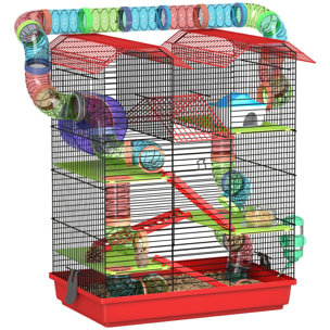 Jaula para Hámster de 5 Niveles, 47x30x59 cm, Casa para Animales Pequeños con Túnel, Comedero, Bebedero, Casita, Rueda de Ejercicio, Escaleras, para Ratas y Jerbos, Rojo