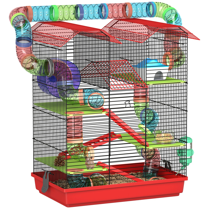 Jaula para Hámster de 5 Niveles, 47x30x59 cm, Casa para Animales Pequeños con Túnel, Comedero, Bebedero, Casita, Rueda de Ejercicio, Escaleras, para Ratas y Jerbos, Rojo