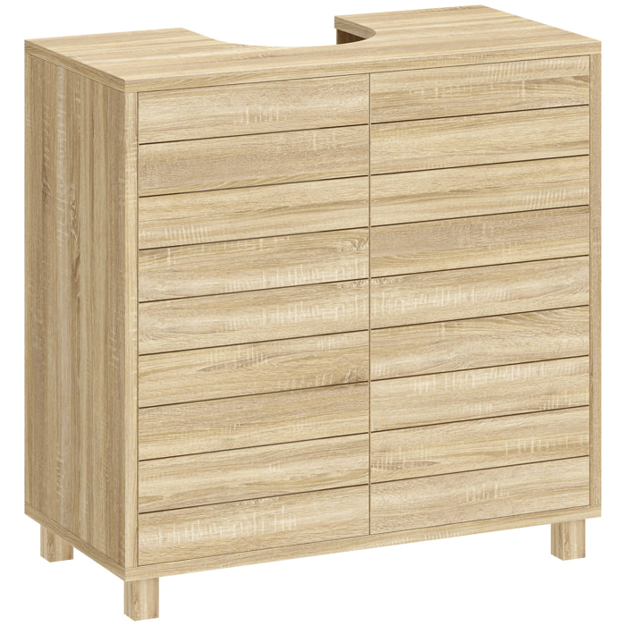 Mueble Bajo Lavabo, Mueble de Baño con Estante Ajustable, Puertas de Listones y Apertura por Presión, para Lavabo con Pedestal o Pared, 60x30x60 cm, Natural