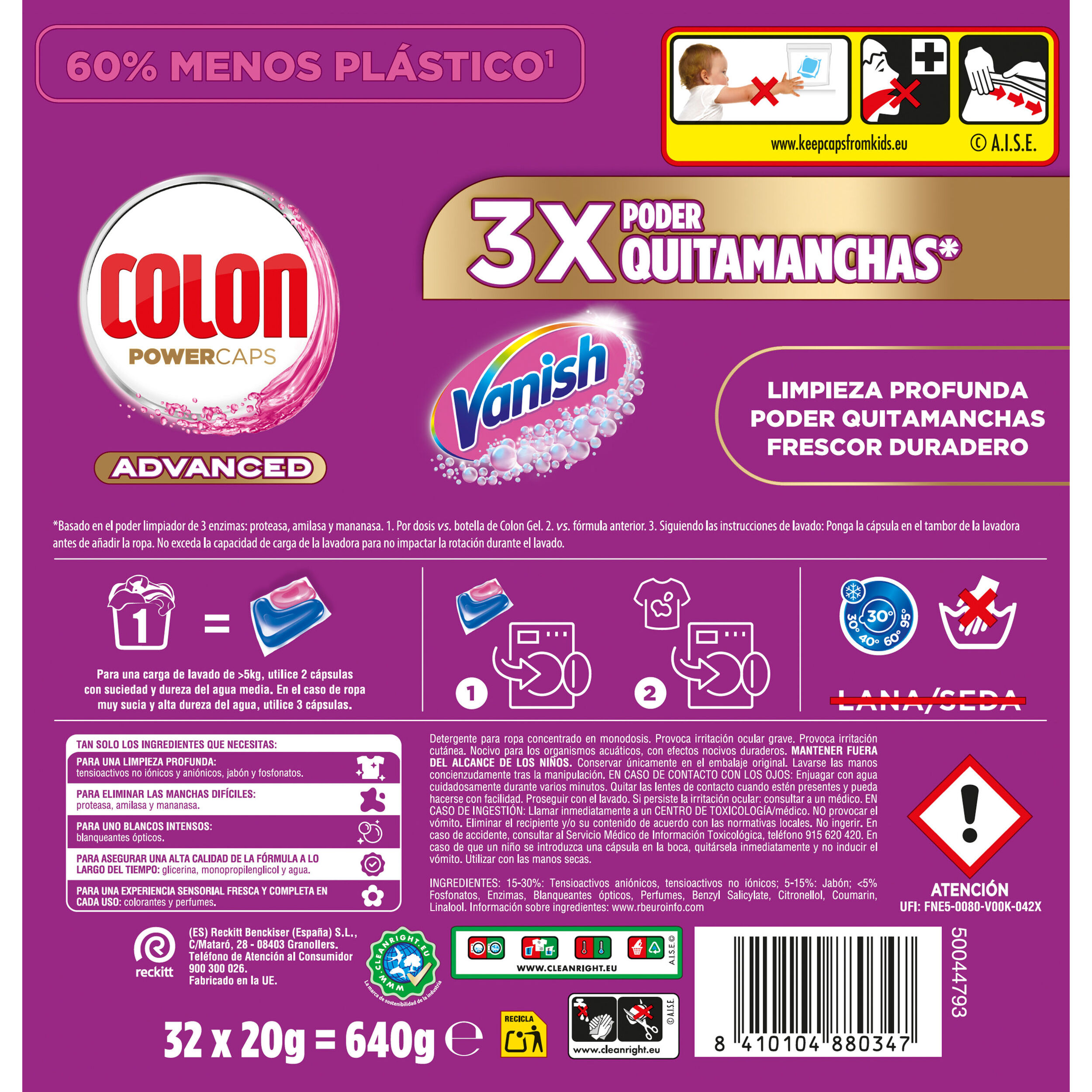 Colon - Detergente para la Ropa 128 Cápsulas Vanish Advanced
