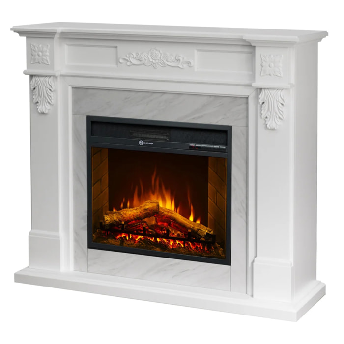 Truman - Camino Elettrico da Terra Effetto Fiamma 121x108x38 cm in Legno Effetto Marmo Bianco