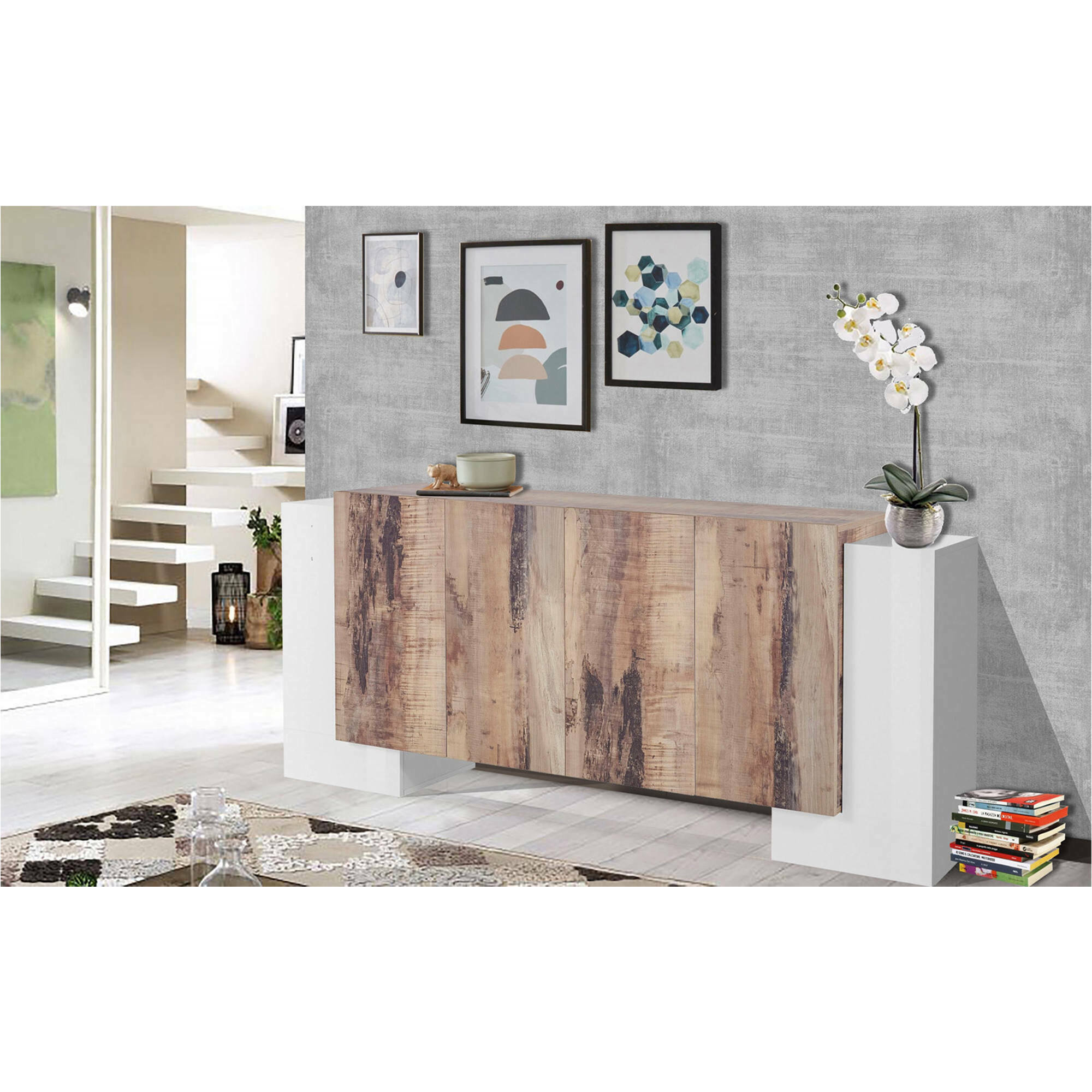 Credenza moderna a 6 ante, Made in Italy, Madia da cucina, Buffet di design da soggiorno, cm 210x45h85, colore Bianco lucido e Acero