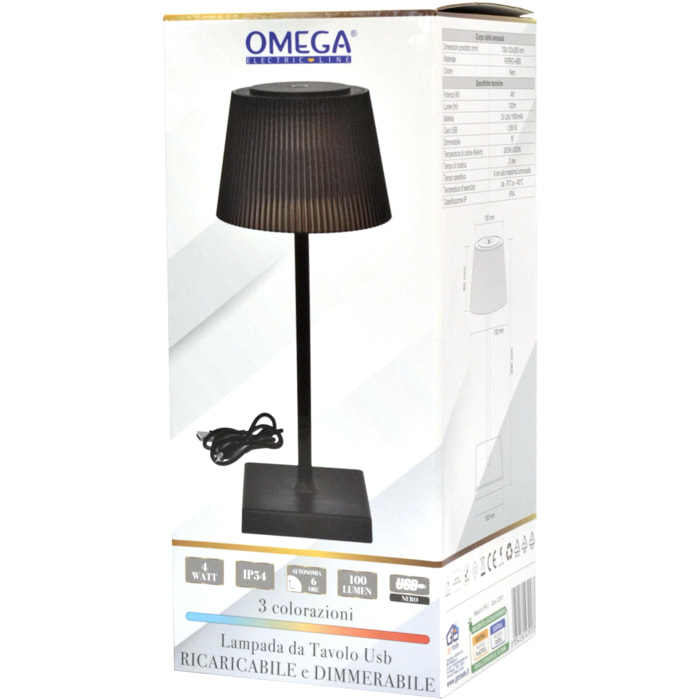 OMEGA Lampada da Tavolo 4W Ricaricabile con Cavo USB Nera