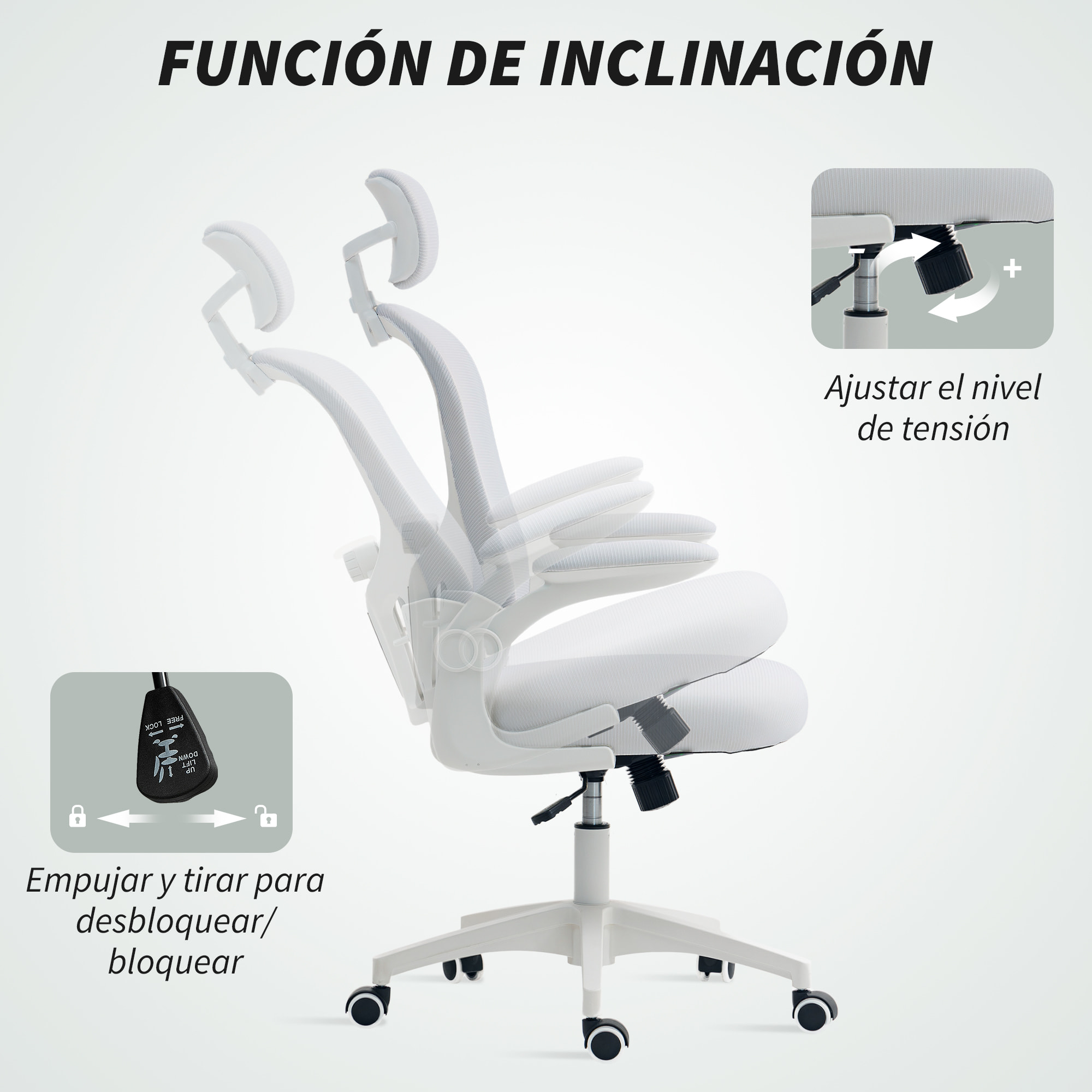 Silla de Oficina de Malla, Silla de Escritorio Giratoria con Función Basculante, Respaldo Alto, Reposacabezas Ajustable, Soporte Lumbar 4D, Brazo Abatible, Altura Ajustable, Blanco