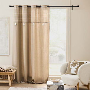 Rideau à œillets avec haut à carreaux et pompons en polycoton - Sable