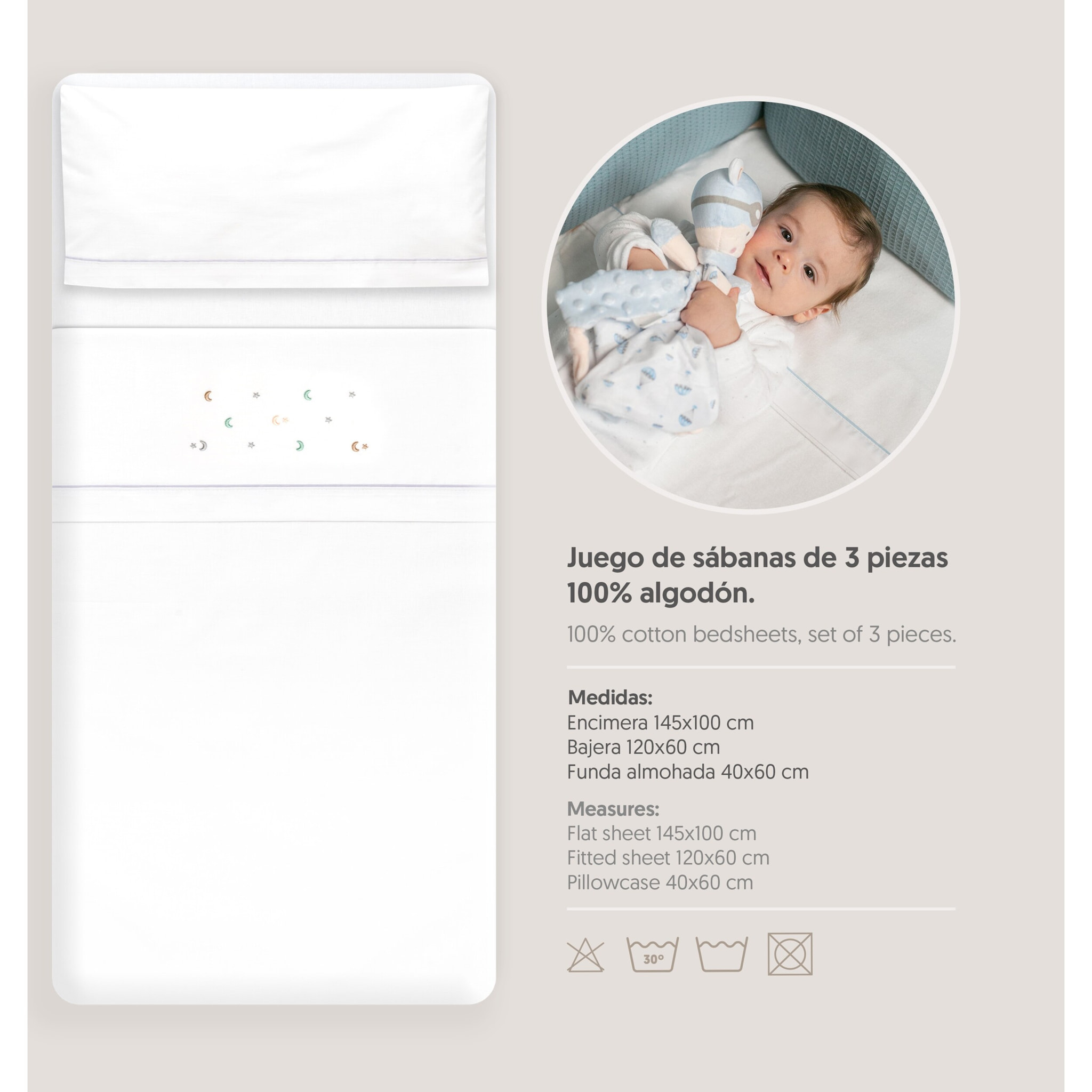 Triptico Cuna Estrella Luna Multicolor + Broche Bco/Gris