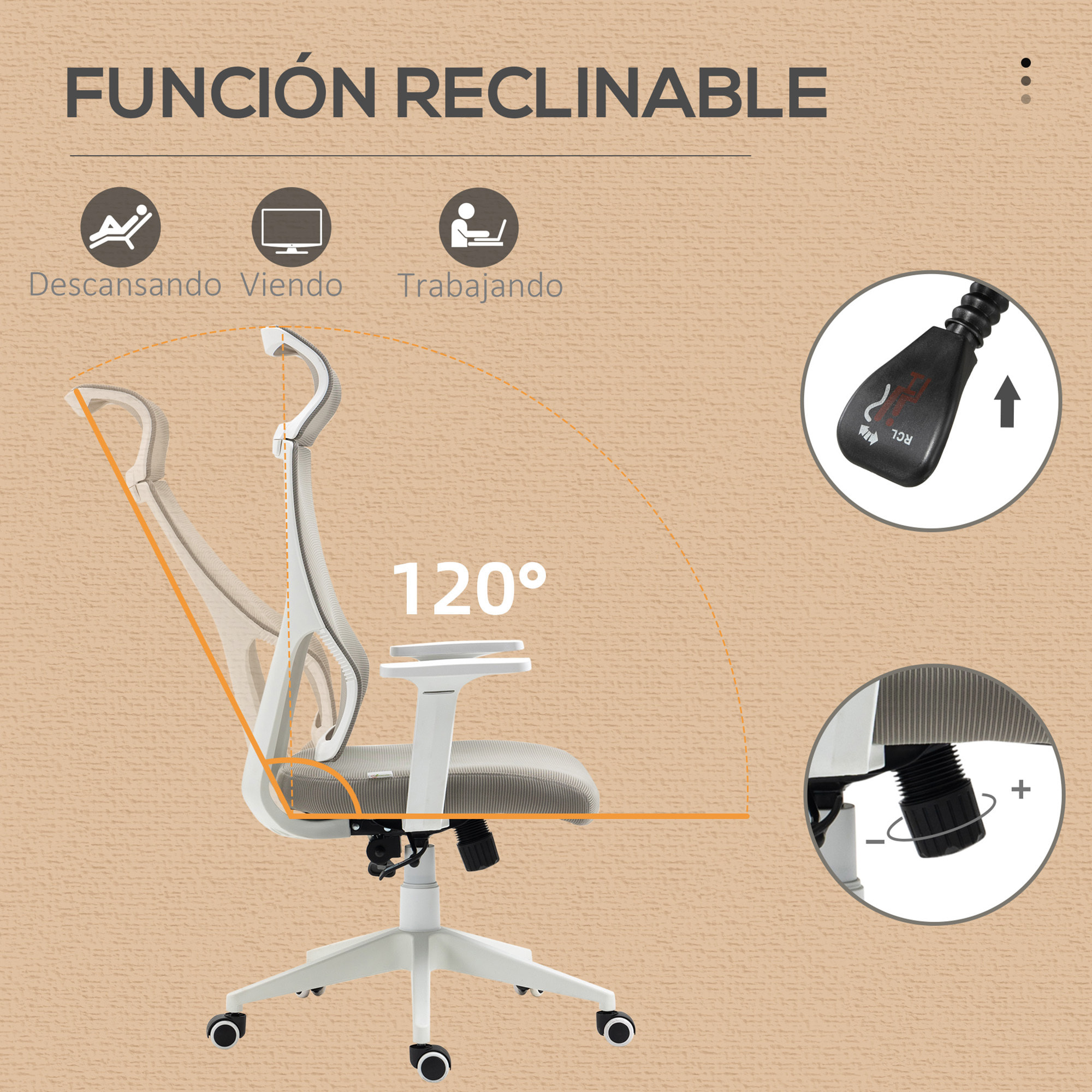 Conjunto de Oficina Incluye 1 Silla de Oficina Reclinable con Ruedas y Altura Ajustable 64x61x120,9-128,9 cm y 1 Alfombra Protectora de Suelo 90x120 cm Gris y Transparente