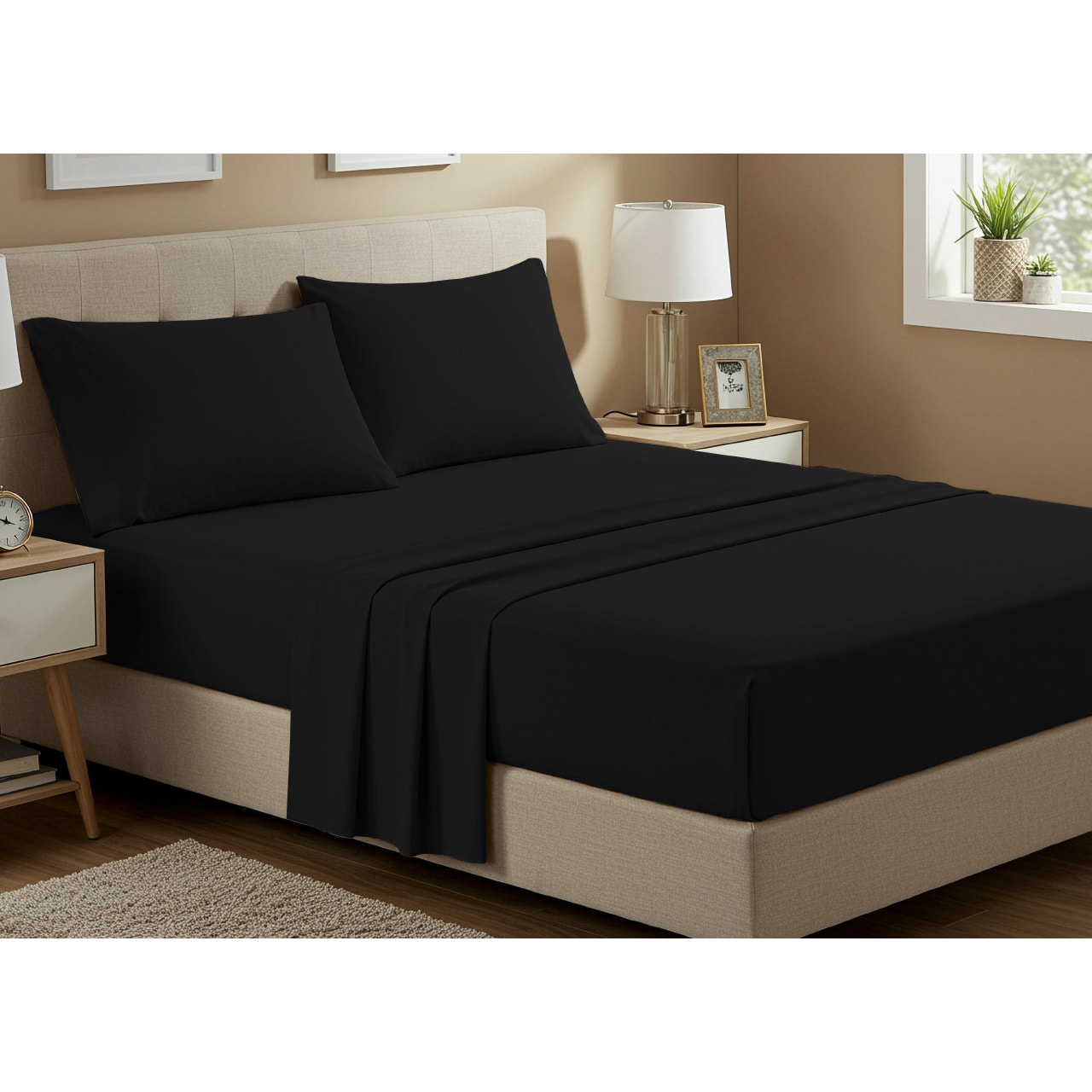 Completo Lenzuola No Stiro In Tinta Unita Con Angolo H.27 cm Colore Nero