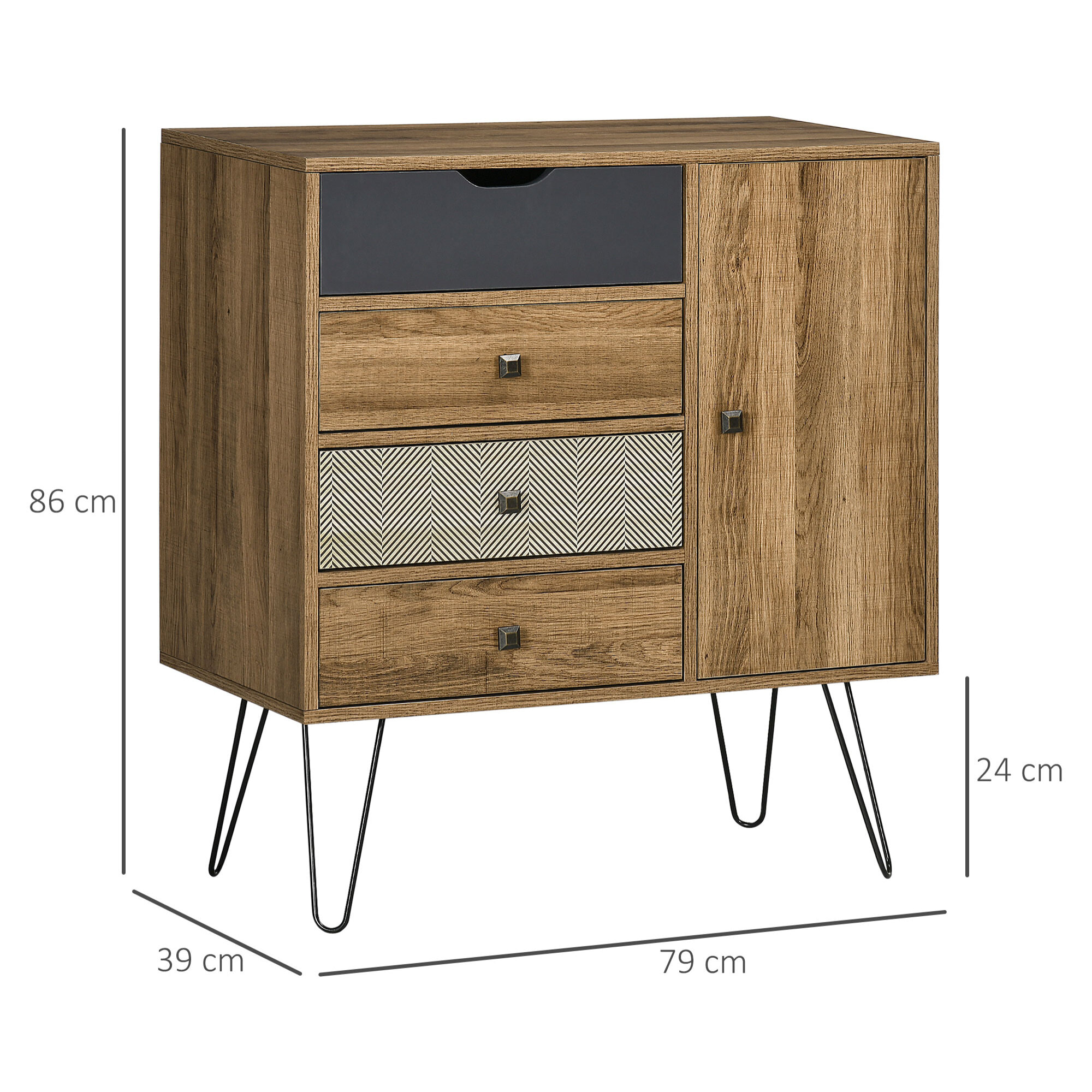 Cómoda con 4 Cajones Cajonera de Madera con Puerta Estante Ajustable y Patas de Metal para Salón Dormitorio Cocina 79x39x86 cm Marrón