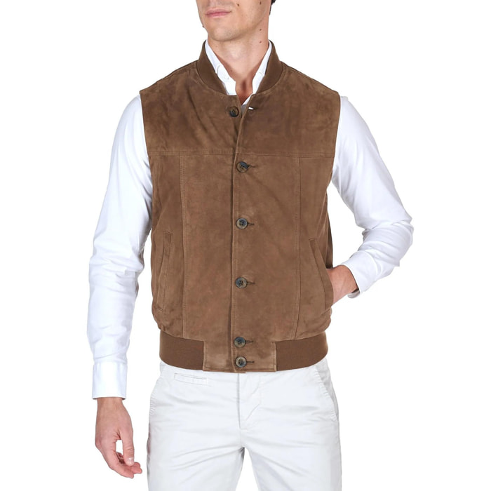 Gilet in pelle camoscio color fango con bottoni