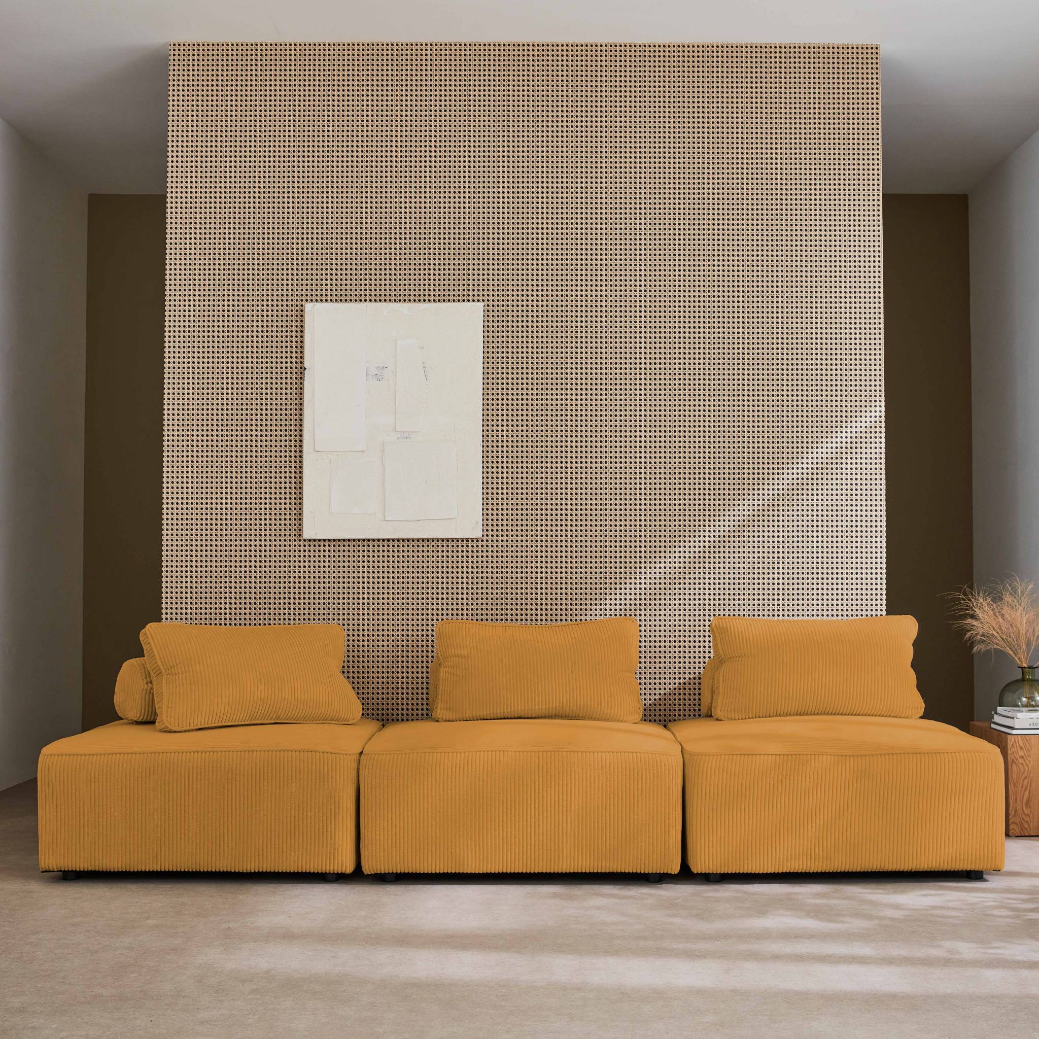Lot de 3 chauffeuses pour canapé modulables velours côtelé moutarde avec un coussin