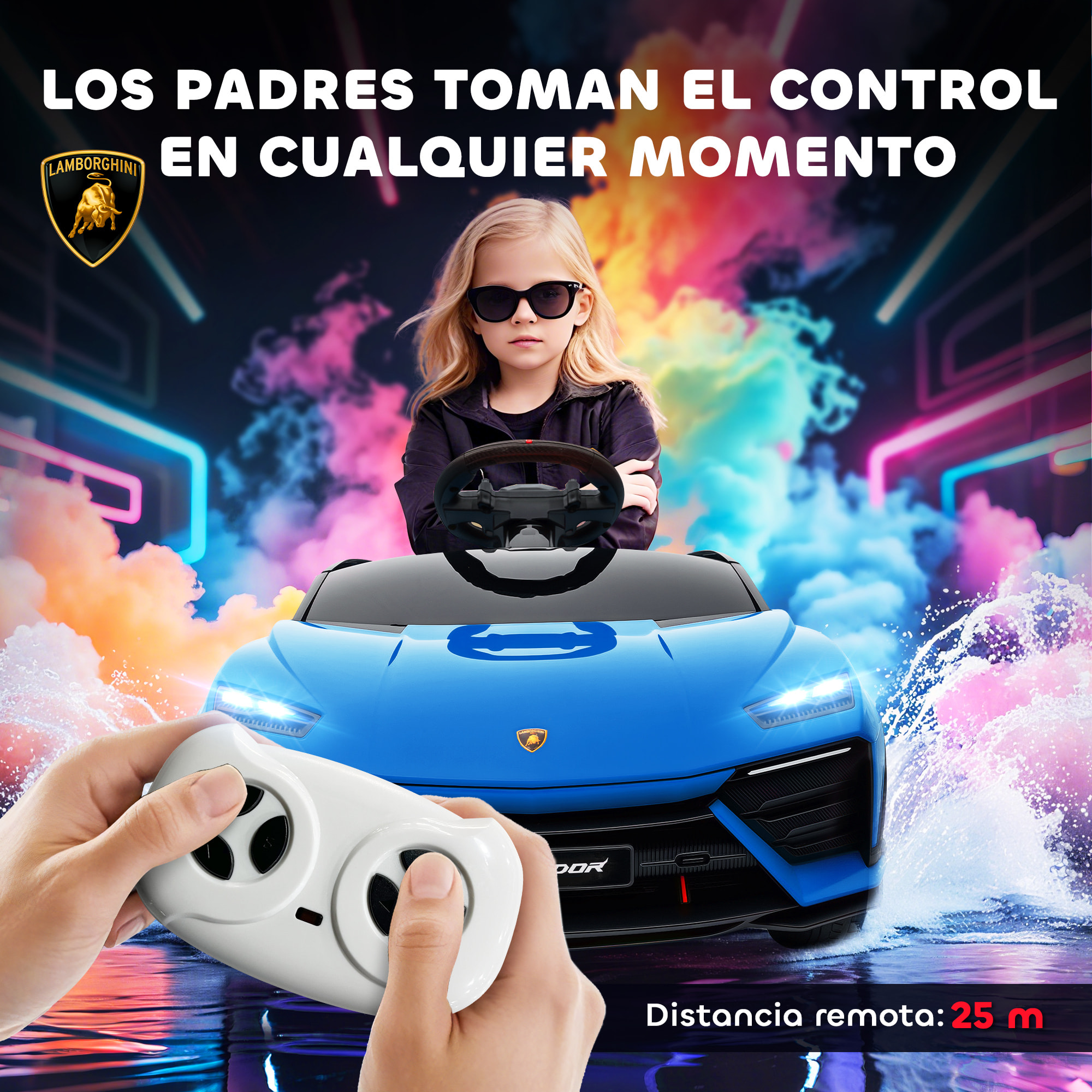 Coche Eléctrico para Niños de +3 Años, Lamborghini, Coche de Batería 12V, con Mando a Distancia 2,4 G, Motor Doble, Ruedas con Suspensión, Faros, Música, USB, Azul