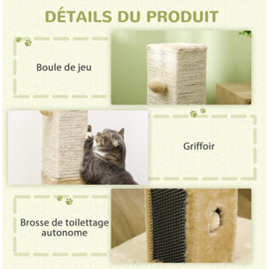 Griffoir chat H.79 cm - jeu boule suspendue et boule clochette, 2 bandes massantes - beige