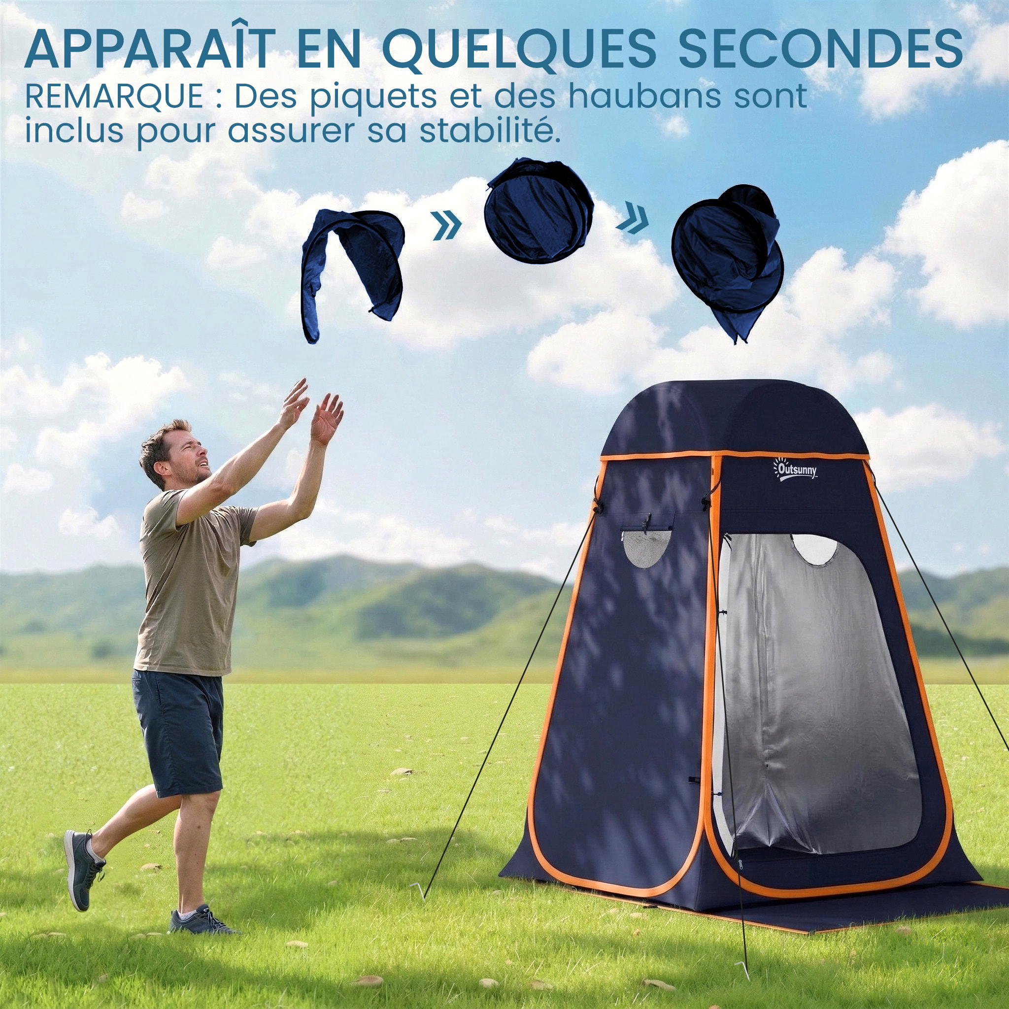 Tente de douche camping pop up toit amovible polyester bleu foncé