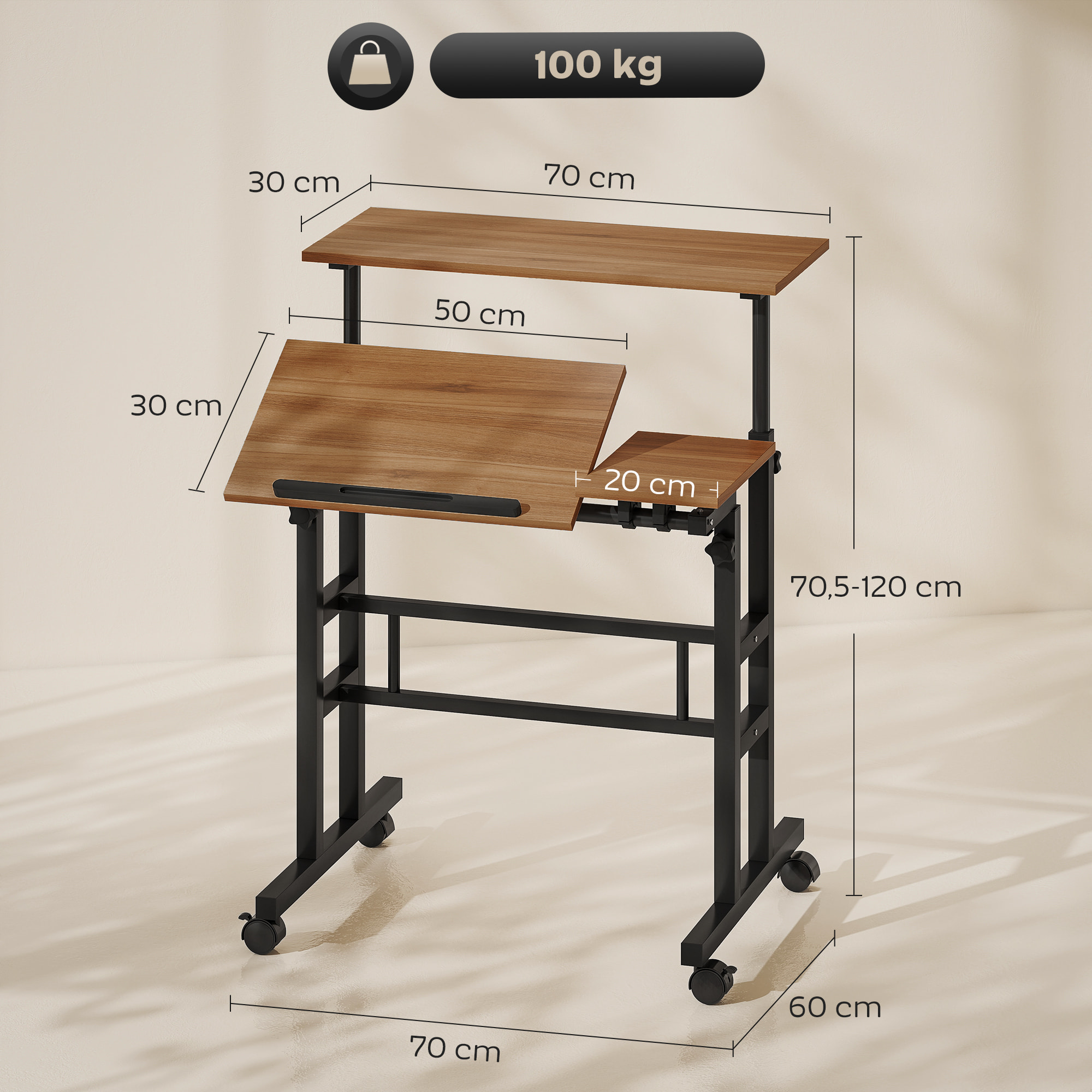 Bureau assis debout inclinable réglable H.70,5-120 cm mobile 3 plateaux métal noir effet bois