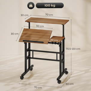 Bureau assis debout inclinable réglable H.70,5-120 cm mobile 3 plateaux métal noir effet bois