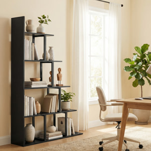 Étagère bibliothèque séparateur de pièce style industriel en escalier 5 étagères effet bois noir