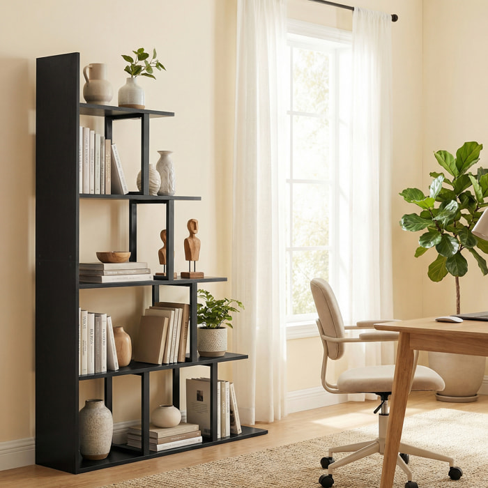 Étagère bibliothèque séparateur de pièce style industriel en escalier 5 étagères effet bois noir