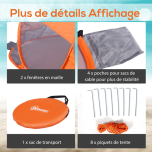 Abri de plage tente de plage pliable pop-up automatique instantané protection UV fenêtre arrière grand tapis de sol orange