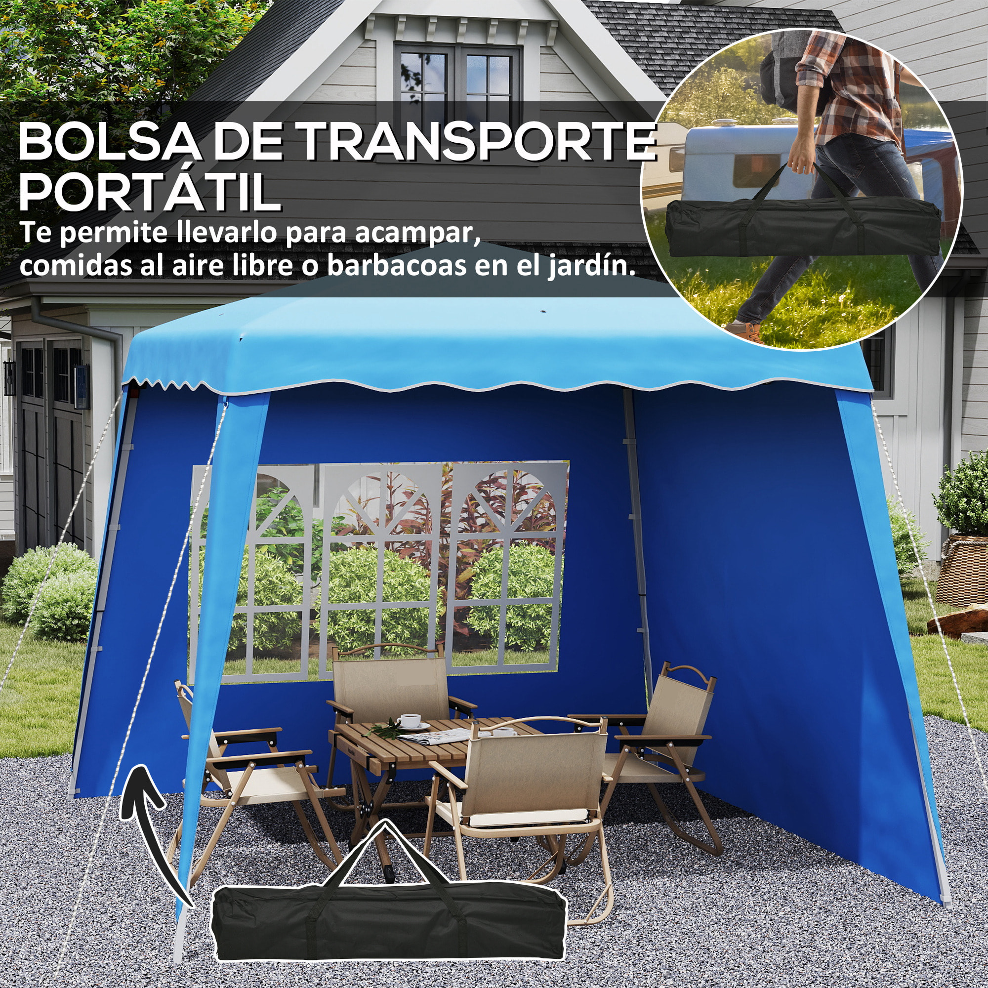 Carpa Plegable Pop-up 3x3 m Cenador Pabellón de Jardín con 2 Paredes Laterales Altura Ajustable y Bolsa de Transporte Protección UV50+ Impermeable Gazebo para Camping Fiestas Exterior Azul