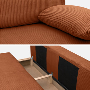 Banquette convertible 3 places velours côtelé camel avec coffre de rangement - L 192 x P 100 x H 81cm -Nelson