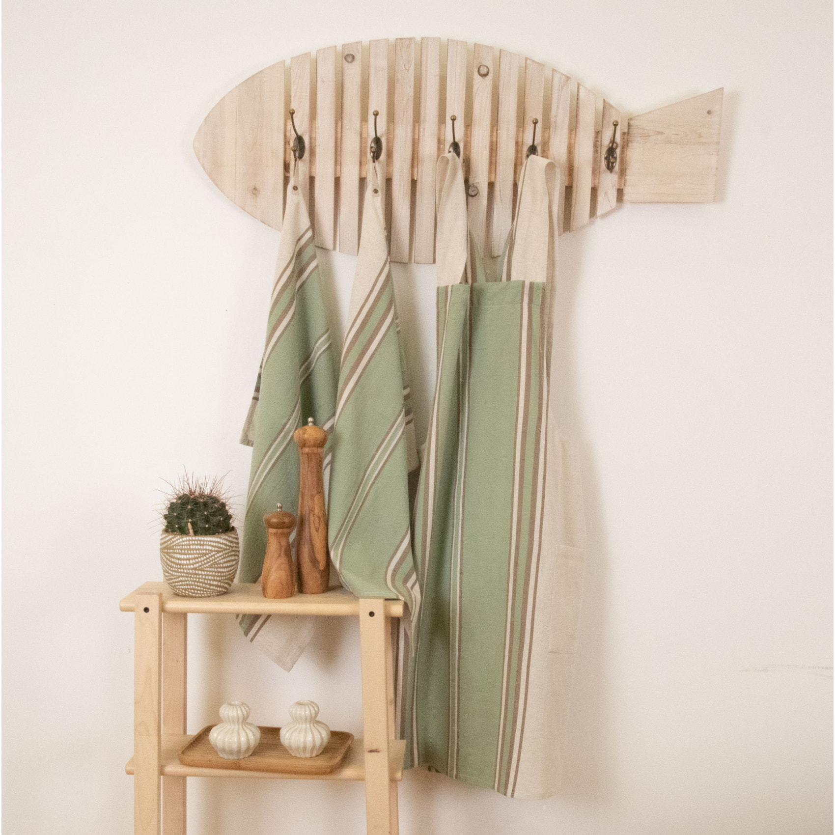 Torchon en coton et lin à rayures - Kaki