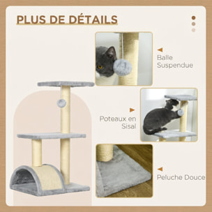 Arbre à chat griffoir grattoir design jeu boule suspendue 2 plateformes peluche sisal naturel gris clair