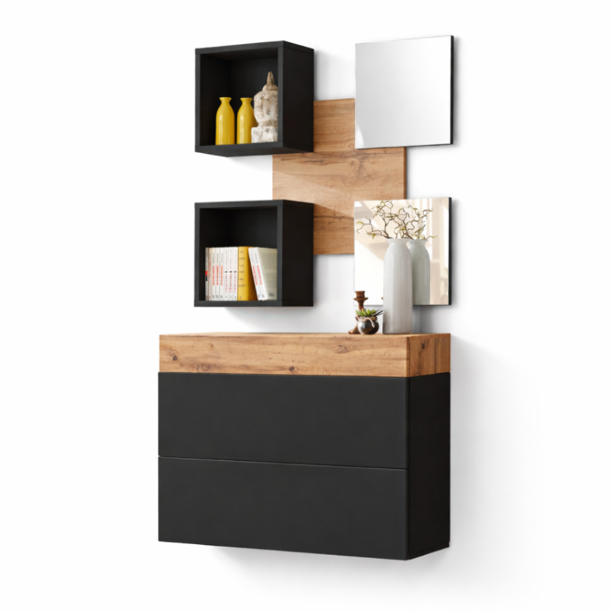 Mobile Ingresso Moderno Con 2 Specchi Vani A Giorno E Base Con Ante E Cassetto Design Elegante Salvaspazio 100 x 170 x 30 Cm Nero E Rovere