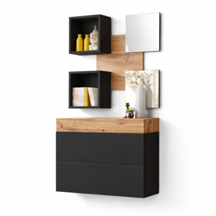 Mobile Ingresso Moderno Con 2 Specchi Vani A Giorno E Base Con Ante E Cassetto Design Elegante Salvaspazio 100 x 170 x 30 Cm Nero E Rovere