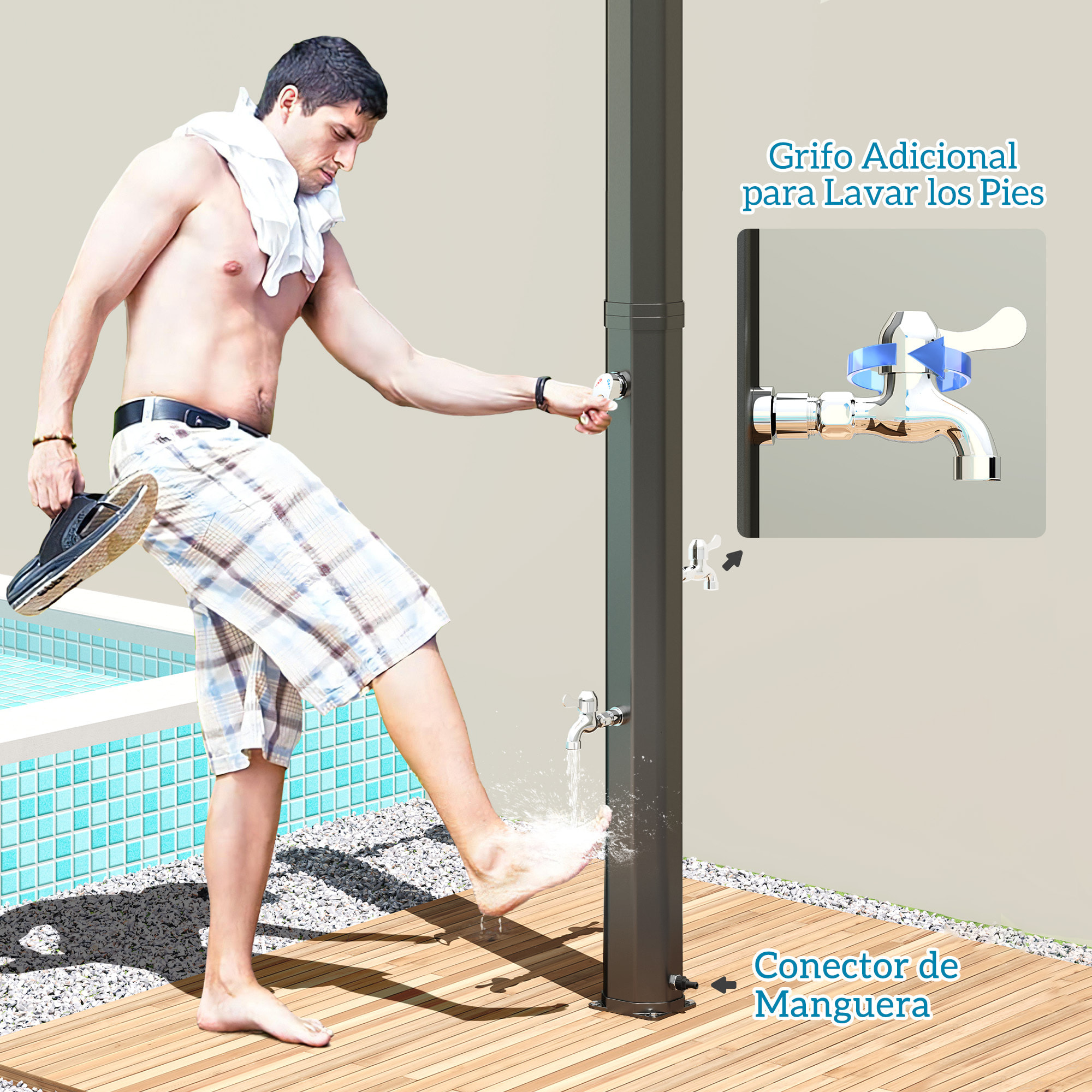 Ducha de Jardín Solar 35 L Ducha Solar Exterior con 2 Cabezales Giratorios Grifos de Pies y Agua Caliente Máximo 55 °C para Piscina Camping Patio 73x18x217 cm Negro