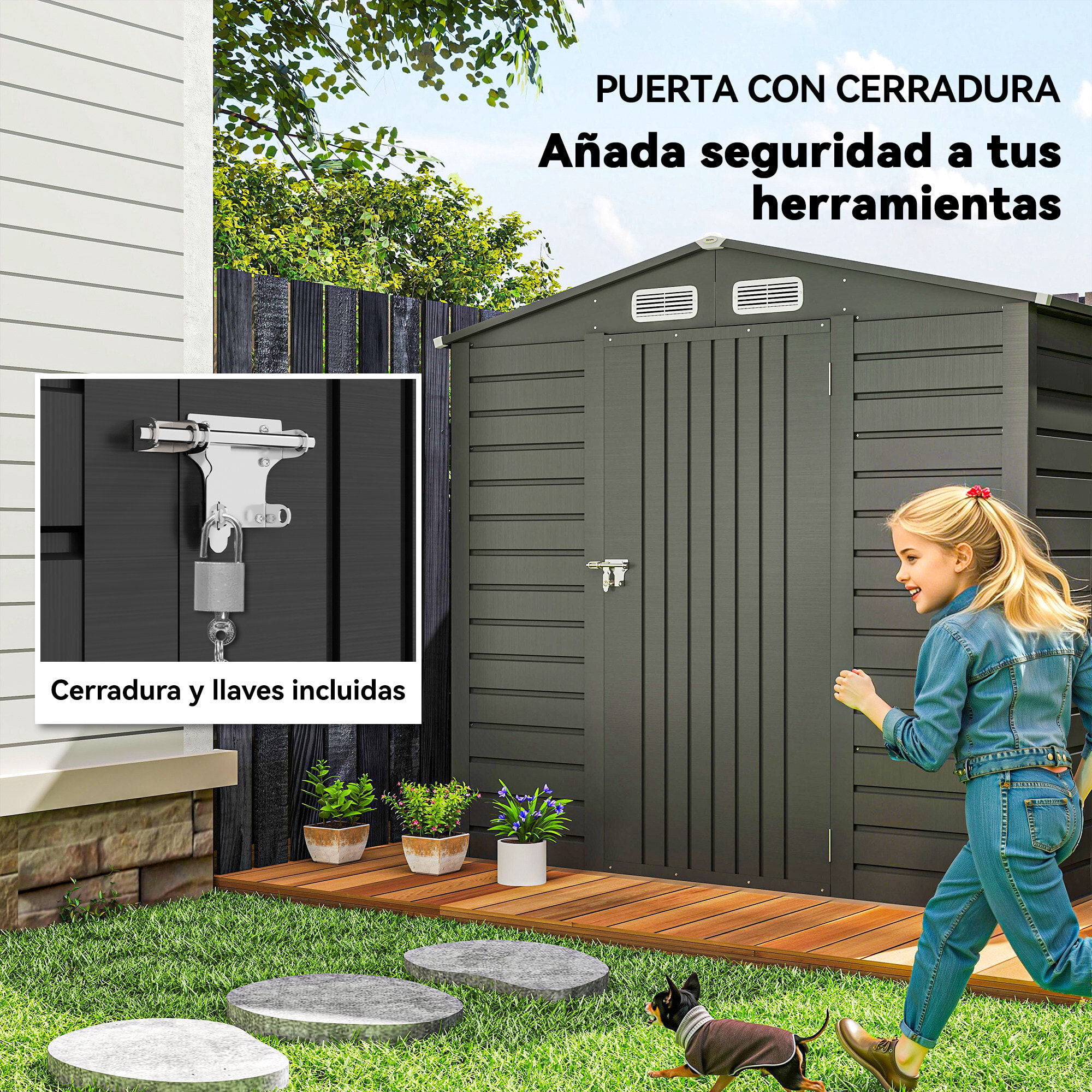Caseta de Jardín Exterior, 2,27 m² 190x131x188 cm, Cobertizo de Jardín Exterior Metálico con 2 Ventilaciones, Puerta con Cerradura, para Almacenamiento de Herramientas, Gris